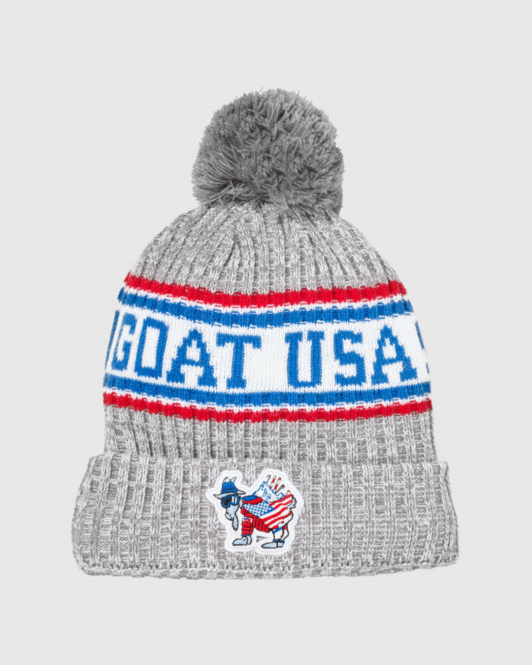 Winter hat with pom pom and goat in American-themed winter attire