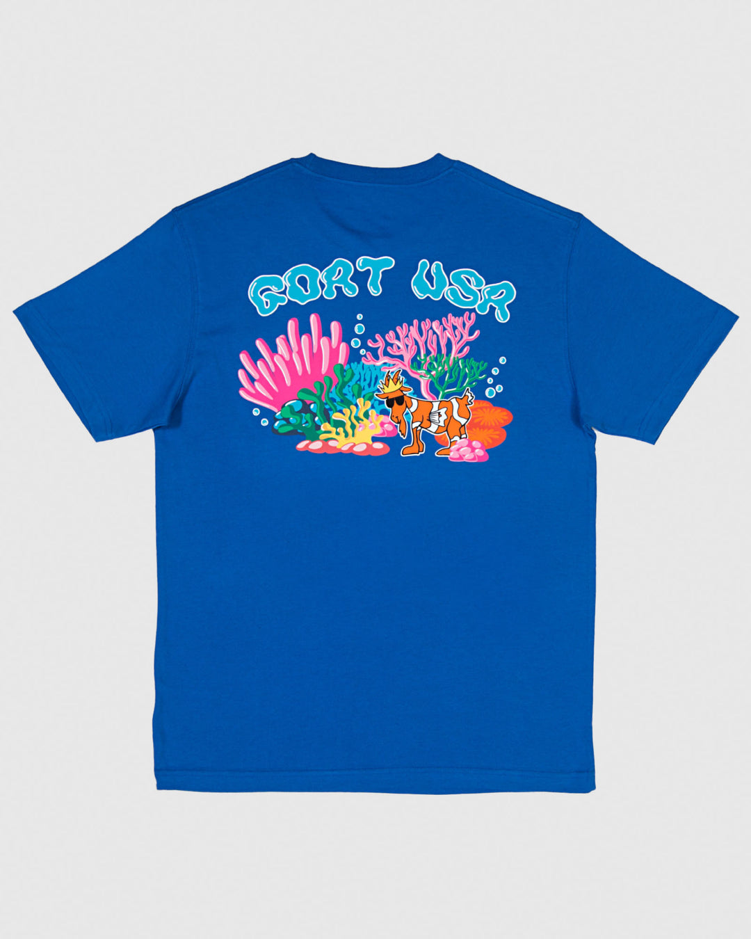 Back of royal t-shirt with reef design and clownfish goat