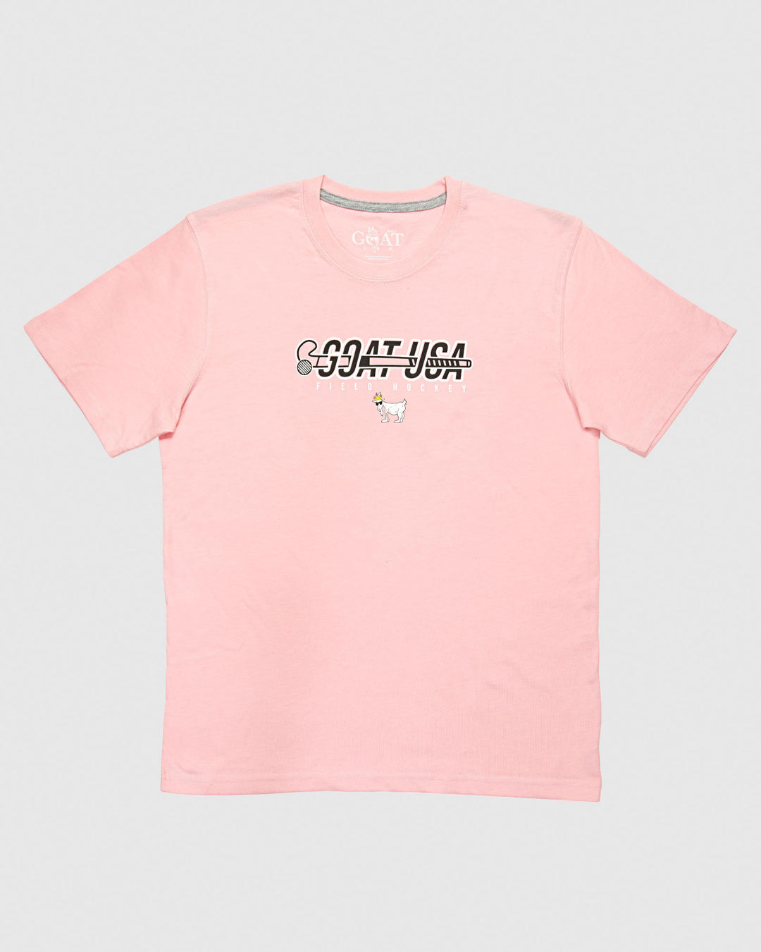 Pink shirt with field hockey stick that goes through the wording "GOAT USA"